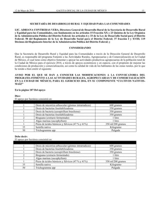 12 de Mayo de 2016 GACETA OFICIAL DE LA CIUDAD DE MÉXICO 13
SECRETARÍA DE DESARROLLO RURAL Y EQUIDAD PARA LAS COMUNIDADES
LIC. ADRIANA CONTRERAS VERA, Directora General de Desarrollo Rural de la Secretaría de Desarrollo Rural
y Equidad para las Comunidades, con fundamento en los artículos 15 Fracción XX y 23 Quintus de la Ley Orgánica
de la Administración Pública del Distrito Federal; los artículos 6 y 33 de la Ley de Desarrollo Social para el Distrito
Federal; 50 del Reglamento de la Ley de Desarrollo Social para el Distrito Federal; 37 fracción I y XVIII, 119
Décimus del Reglamento Interior de la Administración Pública del Distrito Federal; y
CONSIDERANDO
Que la Secretaría de Desarrollo Rural y Equidad para las Comunidades a través de la Dirección General de Desarrollo
Rural, es responsable del programa Fomento a las Actividades Rurales, Agropecuarias y de Comercialización en la Ciudad
de México, el cual tiene como objetivo fomentar y apoyar las actividades productivas agropecuarias de la población rural de
la Ciudad de México para el ejercicio 2016, a través de apoyos económicos y en especie, con el propósito de mejorar las
condiciones de producción y comercialización, así como la calidad de vida de los habitantes de las zonas rurales, por lo que
he tenido a bien emitir el siguiente:
AVISO POR EL QUE SE DAN A CONOCER LAS MODIFICACIONES A LA CONVOCATORIA DEL
PROGRAMA FOMENTO A LAS ACTIVIDADES RURALES, AGROPECUARIAS Y DE COMERCIALIZACIÓN
EN LA CIUDAD DE MÉXICO, PARA EL EJERCICIO 2016, EN SU COMPONENTE “CULTIVOS NATIVOS-
MAÍZ”
En la página 187 Del apoyo
Dice:
El apoyo por hectárea consistirá en:
1 Dosis de micorriza arbuscular (glomus intrarradices) 600 gramos
1 Dosis de bacterias fosolubilizadoras 350 gramos
1 Dosis de bacteria (azospirillum brasilense) 350 gramos
1 Dosis de bacterias fosolubilizadoras 350 gramos
2 Bioguano (extracto fermentado) 1 litro
1 Algas marinas (ascophyllum) 1 litro
1 Pieza de ácidos húmicos y fúlvicos (47 % y 41%) 350 ml/200 gramos
35 Semilla nativa Kilogramo
50 Trichogramma spp Pulgada
Debe decir:
El apoyo por hectárea consistirá en:
1 Dosis de micorriza arbuscular (glomus intrarradices) 600 gramos
1 Dosis de bacterias fosolubilizadoras 350 gramos
1 Dosis de bacteria (azospirillum brasilense) 350 gramos
2 Bioguano (extracto fermentado) 1 litro
1 Algas marinas (ascophyllum) 1 litro
1 Pieza de ácidos húmicos y fúlvicos (47 % y 41%) 350 ml/200 gramos
35 Semilla nativa Kilogramo
50 Trichogramma spp Pulgada
 