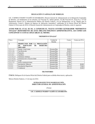 18 GACETA OFICIAL DE LA CIUDAD DE MÉXICO 12 de Mayo de 2016
DELEGACIÓN CUAJIMALPA DE MORELOS
LIC. CARMELO MARIO VALDÉS GUADARRAMA, Director General de Administración en la Delegación Cuajimalpa
de Morelos, con fundamento en los artículos 122 Fracción II y último párrafo, 122 Bis Fracción IV, inciso b) y 125 del
Reglamento Interior de la Administración Pública del Distrito Federal y de las Delegaciones, de las “Reglas para la
Autorización, Control y Manejo de Ingresos de Aplicación Automática”, publicadas en la Gaceta Oficial del Distrito
Federal el 20 de enero de 2016, el Director General de Administración en Cuajimalpa de Morelos, emite lo siguiente:
AVISO POR EL CUAL SE DA A CONOCER EL NUEVO CENTRO GENERADOR “DEPORTIVO
TINAJAS” DEPENDIENTE DE ESTE ÓRGANO POLÍTICO ADMINISTRATIVO, ASI COMO LOS
CONCEPTOS Y CUOTAS APLICABLES AL MISMO.
“DEPORTIVO TINAJAS”
Clave Concepto Unidad de
Medida
Cuota Cuota con IVA
2 PRODUCTOS POR LA PRESTACIÓN
DE SERVICIOS DE DERECHO
PRIVADO
2.3.1.1.3 Karate, Lima Lama Persona/Mes 88.00
2.3.1.1.6 Tae Kwon do Persona/Mes 88.00
2.3.1.2.3 Natación Persona/Mes 162.00
2.3.1.6.1 Aeróbics Persona/Mes 101.00
2.3.1.6.2.3 Gimnasia Artística Persona/Mes 74.00
2.3.1.6.2.6 Gimnasia de la Tercera Edad Persona/Mes 74.00
2.3.1.6.2.7 Yoga Persona/Mes 74.00
2.3.1.7.5 Físico constructivismo Persona/Mes 81.00
2.3.2.1 Inscripción Albercas Persona/Año 75.86 88.00
2.3.2.2 Inscripción Deportivos Persona/Año 68.10 79.00
2.3.2.3 Credencial Persona/Año 24.14 28.00
TRANSITORIO
ÚNICO. Publíquese En la Gaceta Oficial del Distrito Federal para su debida observancia y aplicación.
México Distrito Federal, a 11 de mayo de 2016.
SUFRAGIO EFECTIVO NO REELECCIÓN.
DIRECTOR GENERAL DE ADMINISTRACIÓN
(Firma)
LIC. CARMELO MARIO VALDÉS GUADARRAMA
 