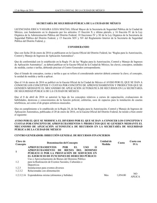 12 de Mayo de 2016 GACETA OFICIAL DE LA CIUDAD DE MÉXICO 7
SECRETARÍA DE SEGURIDAD PÚBLICA DE LA CIUDAD DE MÉXICO
LICENCIADA ERICA YAHAIRA LEIJA MACÍAS, Oficial Mayor de la Secretaría de Seguridad Pública de la Ciudad de
México, con fundamento en lo dispuesto por los artículos 15 fracción X y último párrafo, y 16 fracción IV de la Ley
Orgánica de la Administración Pública del Distrito Federal; 10 fracciones IV y XI de la Ley Orgánica de la Secretaría de
Seguridad Pública del Distrito Federal, y 15 fracción XIV y XV del Reglamento Interior de la Secretaría de Seguridad
Pública del Distrito Federal, y
CONSIDERANDO
Que con fecha 20 de enero de 2016 se publicaron en la Gaceta Oficial del Distrito Federal, las “Reglas para la Autorización,
Control y Manejo de Ingresos de Aplicación Automática”.
Que de conformidad con lo establecido en la Regla 19, de las “Reglas para la Autorización, Control y Manejo de Ingresos
de Aplicación Automática”, se deberá publicar en la Gaceta Oficial de la Ciudad de México, las claves, conceptos, unidades
de medida, cuotas o tarifas, debiendo precisar el Centro Generador correspondiente.
Que el listado de conceptos, cuotas y tarifas a que se refiere el considerando anterior deberá contener la clave, el concepto,
la unidad de medida y tarifa a aplicar.
Que el 14 de marzo de 2016 se publicó en la Gaceta Oficial de la Ciudad de México el AVISO POR EL QUE SE DAN A
CONOCER LOS CONCEPTOS Y CUOTAS POR CONCEPTO DE APROVECHAMIENTOS Y PRODUCTOS QUE SE
GENEREN MEDIANTE EL MECANISMO DE APLICACIÓN AUTOMÁTICA DE RECURSOS EN LA SECRETARÍA
DE SEGURIDAD PÚBLICA DE LA CIUDAD DE MÉXICO.
Que el 8 de abril de 2016 se autorizó la baja de los conceptos relativos a cursos de capacitación, evaluaciones de
habilidades, destrezas y conocimientos de la función policial, cafeterías, usos de espacios para la instalación de casetas
telefónicas, así como el de grupos artísticos-musicales.
Que en cumplimiento a lo establecido en la Regla 24, de las Reglas para la Autorización, Control y Manejo de Ingresos de
Aplicación Automática, publicadas el 20 de enero de 2016, en la Gaceta Oficial del Distrito Federal, he tenido a bien emitir
el siguiente:
AVISO POR EL QUE SE MODIFICA EL DIVERSO POR EL QUE SE DAN A CONOCER LOS CONCEPTOS Y
CUOTAS POR CONCEPTO DE APROVECHAMIENTOS Y PRODUCTOS QUE SE GENEREN MEDIANTE EL
MECANISMO DE APLICACIÓN AUTOMÁTICA DE RECURSOS EN LA SECRETARÍA DE SEGURIDAD
PÚBLICA DE LA CIUDAD DE MÉXICO
CENTRO GENERADOR: DIRECCIÓN GENERAL DE RECURSOS FINANCIEROS
Clave de
Concepto
Denominación del Concepto
Unidad de
Medida
Cuota
Cuota con
IVA
1
APROVECHAMIENTOS POR EL USO O
APROVECHAMIENTO DE BIENES DEL DOMINIO
PÚBLICO O POR LA PRESTACIÓN DE SERVICIOS EN
EL EJERCICIO DE FUNCIONES DE DERECHO PÚBLICO
1.2
Uso o Aprovechamiento de Bienes del Dominio Público
para la Realización de Eventos Sociales, Culturales o
Deportivos
1.2.3 Instalaciones para eventos diversos
1.2.3.2 Relacionadas con alimentación
1.2.3.2.16 Expendedoras mixtas (alimentos y bebidas) Mes 1,054.00
NO
APLICA
 