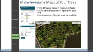 Make Awesome Maps of Your Trees
• Printed files are stored in image downloads
• Create labels that stand out against the base
map
• Choose position of legend, scale bar, and title
Introduction
App Overview
The Basics
Functionality
Questions
Functionality
10
 