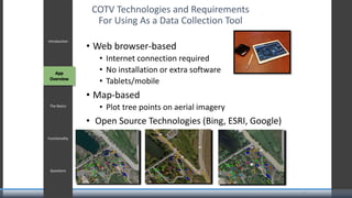COTV Technologies and Requirements
For Using As a Data Collection Tool
• Web browser-based
• Internet connection required
• No installation or extra software
• Tablets/mobile
• Map-based
• Plot tree points on aerial imagery
• Open Source Technologies (Bing, ESRI, Google)
Agenda
Meet our
Staff
Our
Services
and
Projects
Project
Understand
ing
Project
Approach
Timeline /
Milestones
Questions
Introduction
App Overview
The Basics
Functionality
Questions
7
App
Overview
 