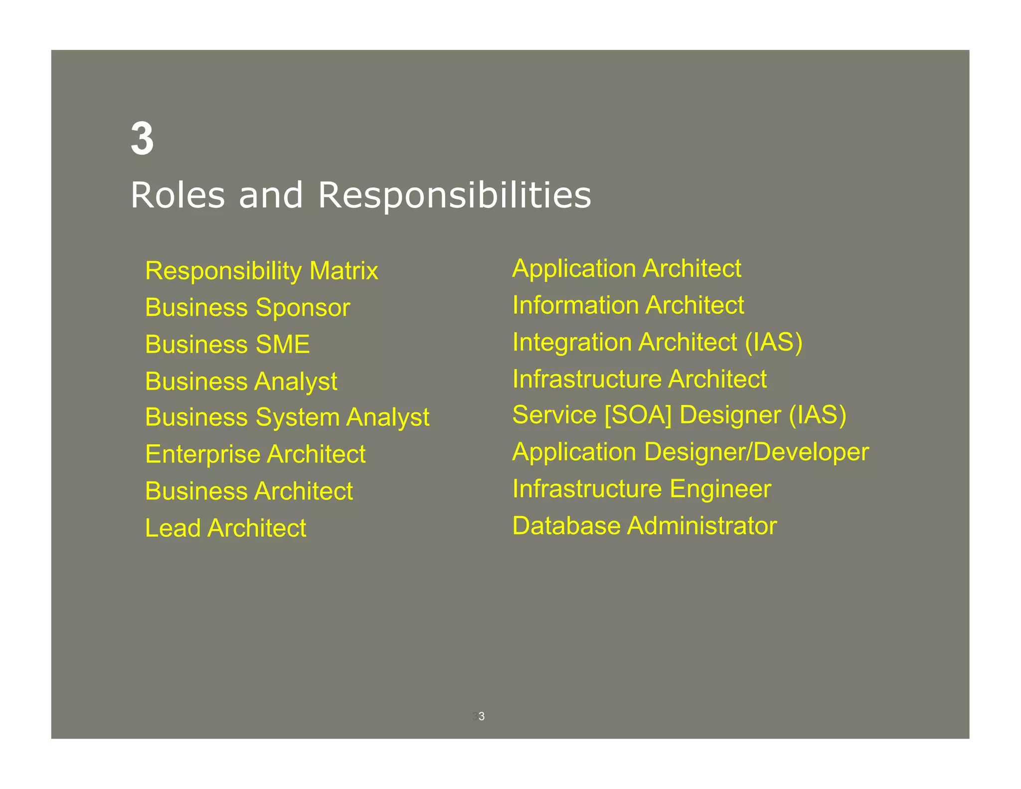 33
3
Roles and Responsibilities
Application Architect
Information Architect
Integration Architect (IAS)
Infrastructure Architect
Service [SOA] Designer (IAS)
Application Designer/Developer
Infrastructure Engineer
Database Administrator
Responsibility Matrix
Business Sponsor
Business SME
Business Analyst
Business System Analyst
Enterprise Architect
Business Architect
Lead Architect
 
