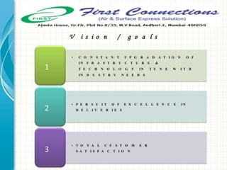 • C O N S T A N T U P G R A D A T I O N O F
I N F R A S T R U C T U R E &
T E C H N O L O G Y I N T U N E W I T H
I N D U S T R Y N E E D S
1
• P E R S U I T O F E X C E L L E N C E I N
D E L I V E R I E S2
• T O T A L C U S T O M E R
S A T I S F A C T I O N3
V i s i o n / g o a l s
 
