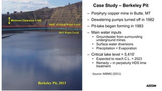 Case Study – Berkeley Pit
– Porphyry copper mine in Butte, MT
– Dewatering pumps turned off in 1982
– Pit-lake began forming in 1983
– Main water inputs
• Groundwater from surrounding
underground mines
• Surface water diversions
• Precipitation < Evaporation
– Critical lake level = 5,410’
• Expected to reach C.L. > 2023
• Remedy – in perpetuity HDS lime
treatment
Berkeley Pit, 1982
5410’ - Critical Water Level
2013 Water Level
5410’ -Critical Water Level
2013 Water Level
Berkeley Pit, 2013
Minimum Clearance = 100’
-Source: MBMG (2011)
 