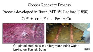 Cu-plated steel rails in underground mine water
Lexington Tunnel, Butte
Cu2+ + scrap Fe → Fe2+ + Cu
Copper Recovery Process
Process developed in Butte, MT: W. Ledford (1890)
C. Gammons, MT. Tech
 