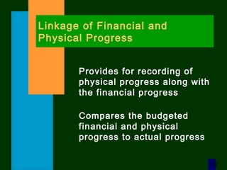 18
Linkage of Financial and
Physical Progress
Provides for recording of
physical progress along with
the financial progress
Compares the budgeted
financial and physical
progress to actual progress
 