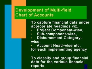 20
Development of Multi-field
Chart of Accounts
To capture financial data under
appropriate headings viz.,
• Project Component-wise,
• Sub-component-wise,
• Disbursement Category-
wise,
• Account Head-wise etc.
for each implementing agency
To classify and group financial
data for the various financial
reports
 