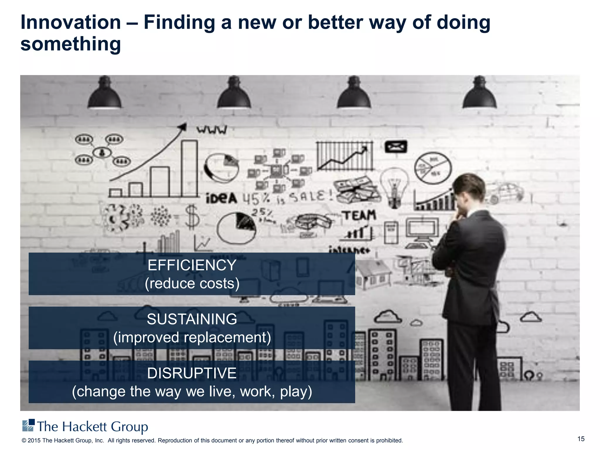 15© 2015 The Hackett Group, Inc. All rights reserved. Reproduction of this document or any portion thereof without prior written consent is prohibited.
Innovation – Finding a new or better way of doing
something
EFFICIENCY
(reduce costs)
SUSTAINING
(improved replacement)
DISRUPTIVE
(change the way we live, work, play)
 