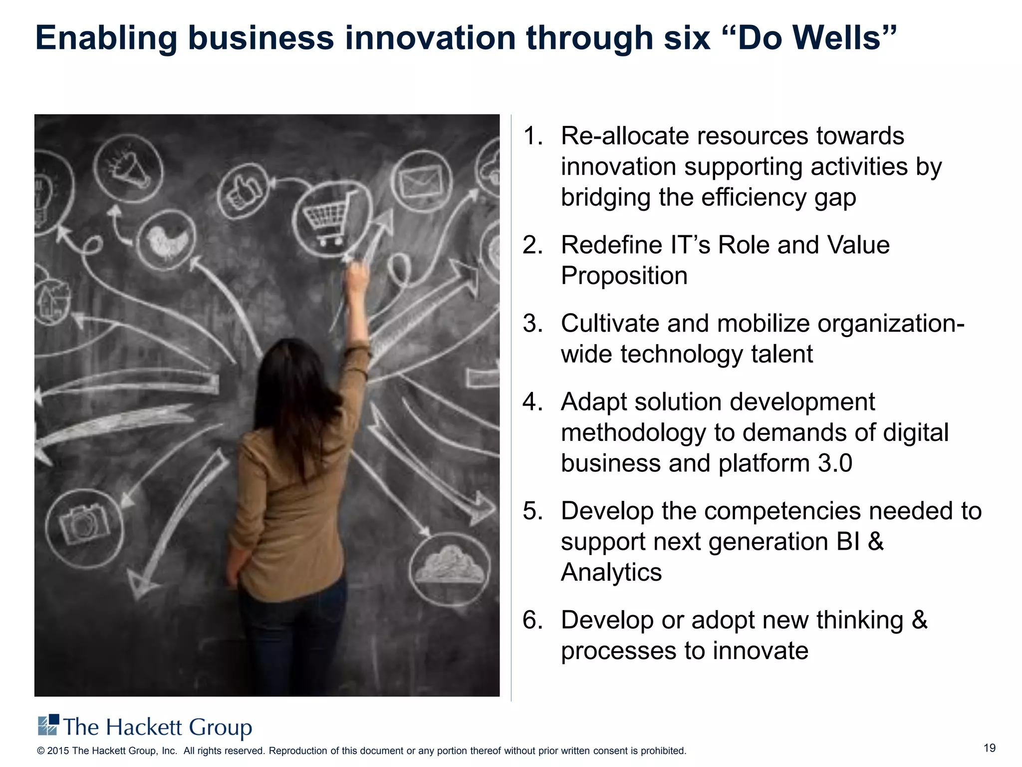 19© 2015 The Hackett Group, Inc. All rights reserved. Reproduction of this document or any portion thereof without prior written consent is prohibited.
Enabling business innovation through six “Do Wells”
1. Re-allocate resources towards
innovation supporting activities by
bridging the efficiency gap
2. Redefine IT’s Role and Value
Proposition
3. Cultivate and mobilize organization-
wide technology talent
4. Adapt solution development
methodology to demands of digital
business and platform 3.0
5. Develop the competencies needed to
support next generation BI &
Analytics
6. Develop or adopt new thinking &
processes to innovate
 