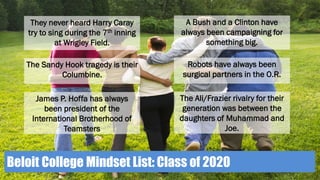 Beloit College Mindset List: Class of 2020
They never heard Harry Caray
try to sing during the 7th inning
at Wrigley Field.
The Sandy Hook tragedy is their
Columbine.
James P. Hoffa has always
been president of the
International Brotherhood of
Teamsters
A Bush and a Clinton have
always been campaigning for
something big.
Robots have always been
surgical partners in the O.R.
The Ali/Frazier rivalry for their
generation was between the
daughters of Muhammad and
Joe.
 