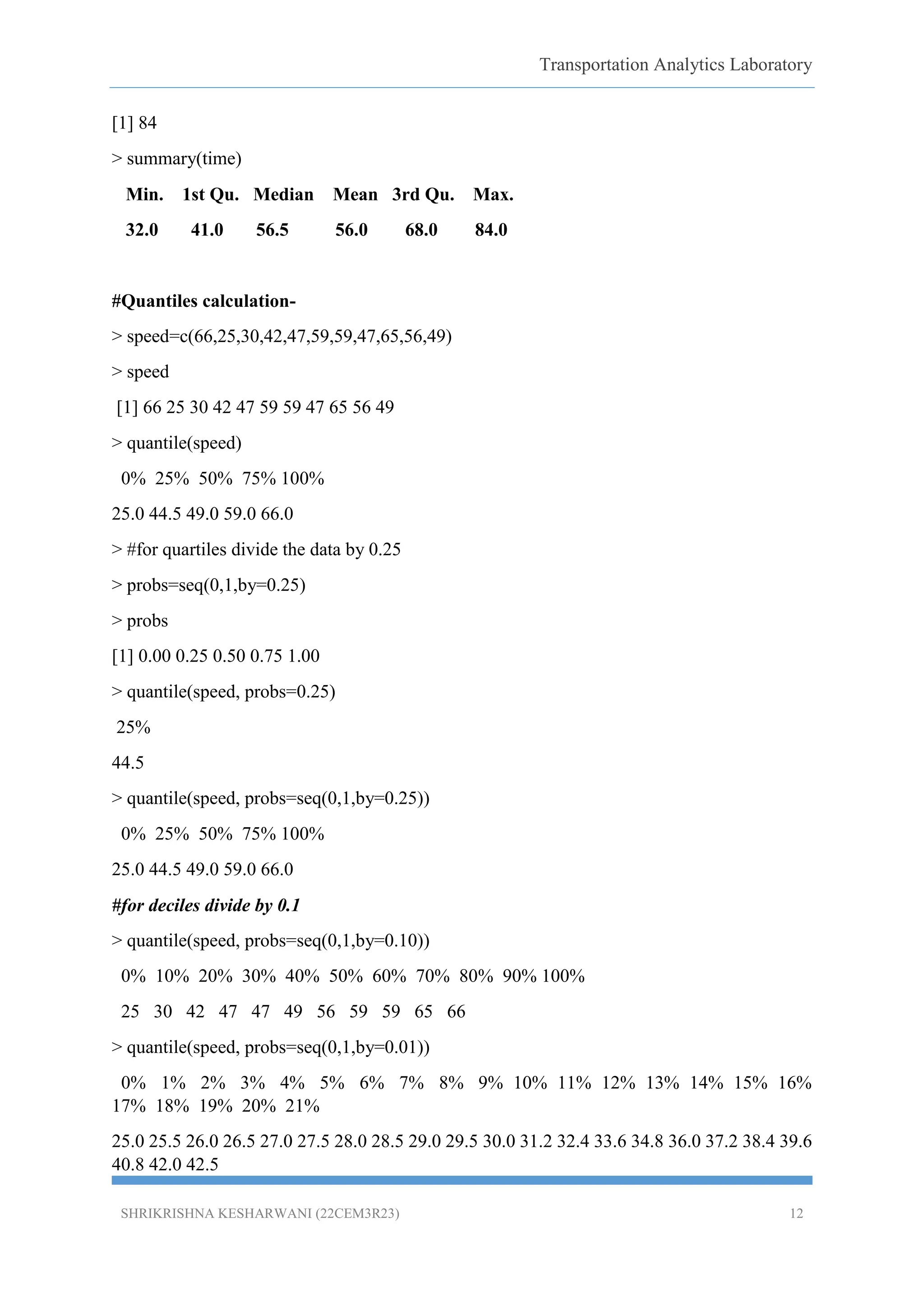 Transportation Analytics Laboratory
SHRIKRISHNA KESHARWANI (22CEM3R23) 12
[1] 84
> summary(time)
Min. 1st Qu. Median Mean 3rd Qu. Max.
32.0 41.0 56.5 56.0 68.0 84.0
#Quantiles calculation-
> speed=c(66,25,30,42,47,59,59,47,65,56,49)
> speed
[1] 66 25 30 42 47 59 59 47 65 56 49
> quantile(speed)
0% 25% 50% 75% 100%
25.0 44.5 49.0 59.0 66.0
> #for quartiles divide the data by 0.25
> probs=seq(0,1,by=0.25)
> probs
[1] 0.00 0.25 0.50 0.75 1.00
> quantile(speed, probs=0.25)
25%
44.5
> quantile(speed, probs=seq(0,1,by=0.25))
0% 25% 50% 75% 100%
25.0 44.5 49.0 59.0 66.0
#for deciles divide by 0.1
> quantile(speed, probs=seq(0,1,by=0.10))
0% 10% 20% 30% 40% 50% 60% 70% 80% 90% 100%
25 30 42 47 47 49 56 59 59 65 66
> quantile(speed, probs=seq(0,1,by=0.01))
0% 1% 2% 3% 4% 5% 6% 7% 8% 9% 10% 11% 12% 13% 14% 15% 16%
17% 18% 19% 20% 21%
25.0 25.5 26.0 26.5 27.0 27.5 28.0 28.5 29.0 29.5 30.0 31.2 32.4 33.6 34.8 36.0 37.2 38.4 39.6
40.8 42.0 42.5
 