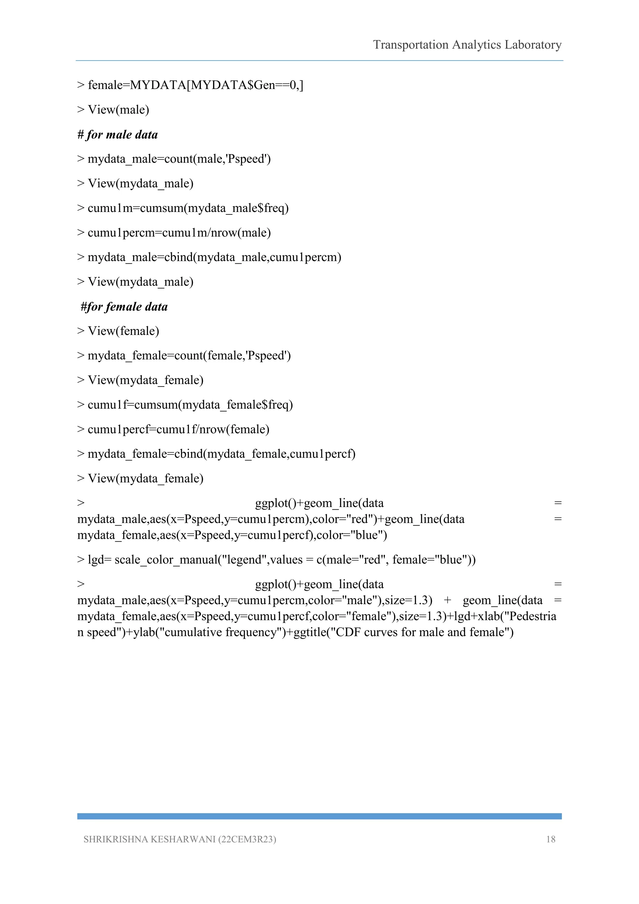 Transportation Analytics Laboratory
SHRIKRISHNA KESHARWANI (22CEM3R23) 18
> female=MYDATA[MYDATA$Gen==0,]
> View(male)
# for male data
> mydata_male=count(male,'Pspeed')
> View(mydata_male)
> cumu1m=cumsum(mydata_male$freq)
> cumu1percm=cumu1m/nrow(male)
> mydata_male=cbind(mydata_male,cumu1percm)
> View(mydata_male)
#for female data
> View(female)
> mydata_female=count(female,'Pspeed')
> View(mydata_female)
> cumu1f=cumsum(mydata_female$freq)
> cumu1percf=cumu1f/nrow(female)
> mydata_female=cbind(mydata_female,cumu1percf)
> View(mydata_female)
> ggplot()+geom_line(data =
mydata_male,aes(x=Pspeed,y=cumu1percm),color="red")+geom_line(data =
mydata_female,aes(x=Pspeed,y=cumu1percf),color="blue")
> lgd= scale_color_manual("legend",values = c(male="red", female="blue"))
> ggplot()+geom_line(data =
mydata_male,aes(x=Pspeed,y=cumu1percm,color="male"),size=1.3) + geom_line(data =
mydata_female,aes(x=Pspeed,y=cumu1percf,color="female"),size=1.3)+lgd+xlab("Pedestria
n speed")+ylab("cumulative frequency")+ggtitle("CDF curves for male and female")
 