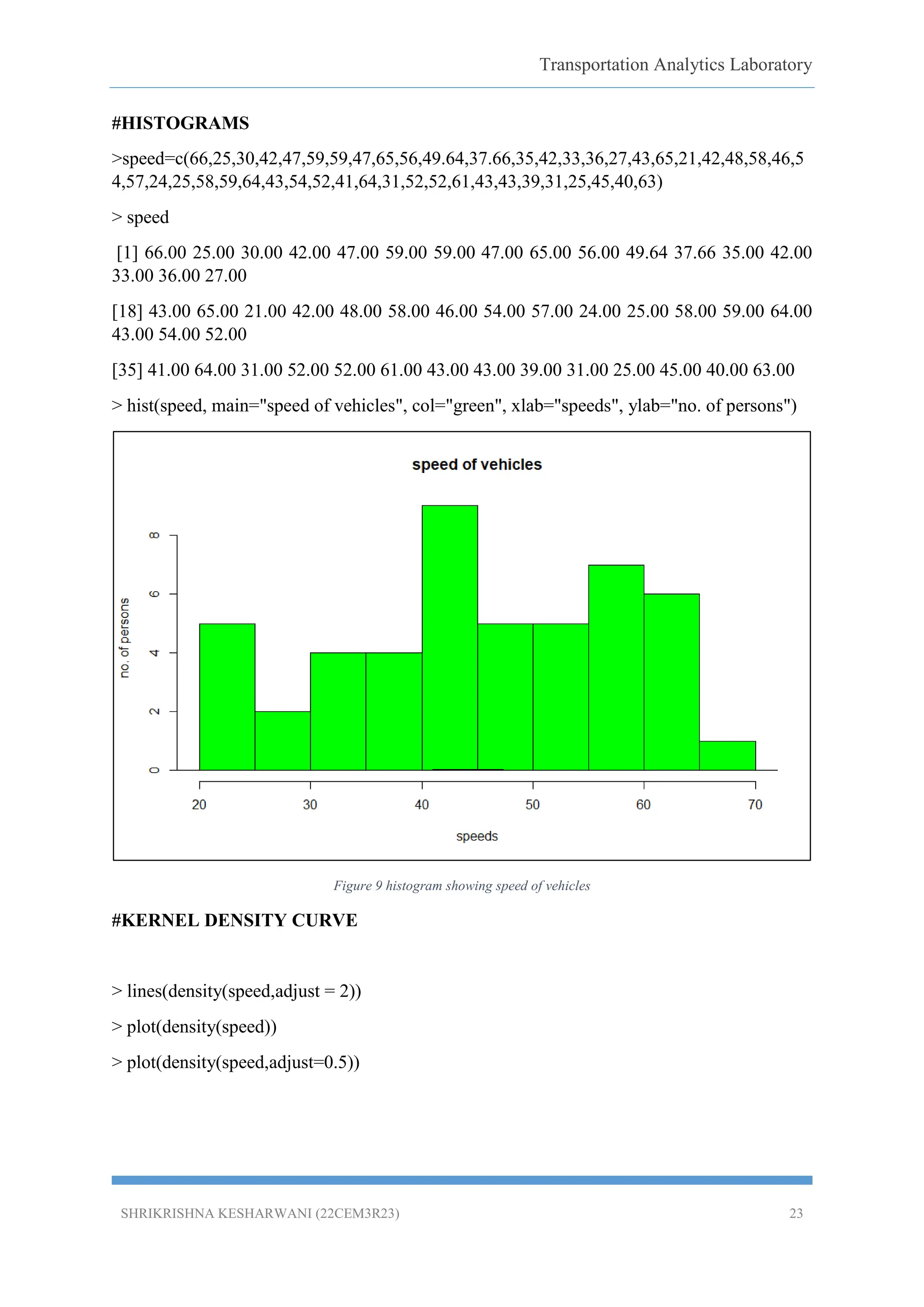 Transportation Analytics Laboratory
SHRIKRISHNA KESHARWANI (22CEM3R23) 23
#HISTOGRAMS
>speed=c(66,25,30,42,47,59,59,47,65,56,49.64,37.66,35,42,33,36,27,43,65,21,42,48,58,46,5
4,57,24,25,58,59,64,43,54,52,41,64,31,52,52,61,43,43,39,31,25,45,40,63)
> speed
[1] 66.00 25.00 30.00 42.00 47.00 59.00 59.00 47.00 65.00 56.00 49.64 37.66 35.00 42.00
33.00 36.00 27.00
[18] 43.00 65.00 21.00 42.00 48.00 58.00 46.00 54.00 57.00 24.00 25.00 58.00 59.00 64.00
43.00 54.00 52.00
[35] 41.00 64.00 31.00 52.00 52.00 61.00 43.00 43.00 39.00 31.00 25.00 45.00 40.00 63.00
> hist(speed, main="speed of vehicles", col="green", xlab="speeds", ylab="no. of persons")
Figure 9 histogram showing speed of vehicles
#KERNEL DENSITY CURVE
> lines(density(speed,adjust = 2))
> plot(density(speed))
> plot(density(speed,adjust=0.5))
 