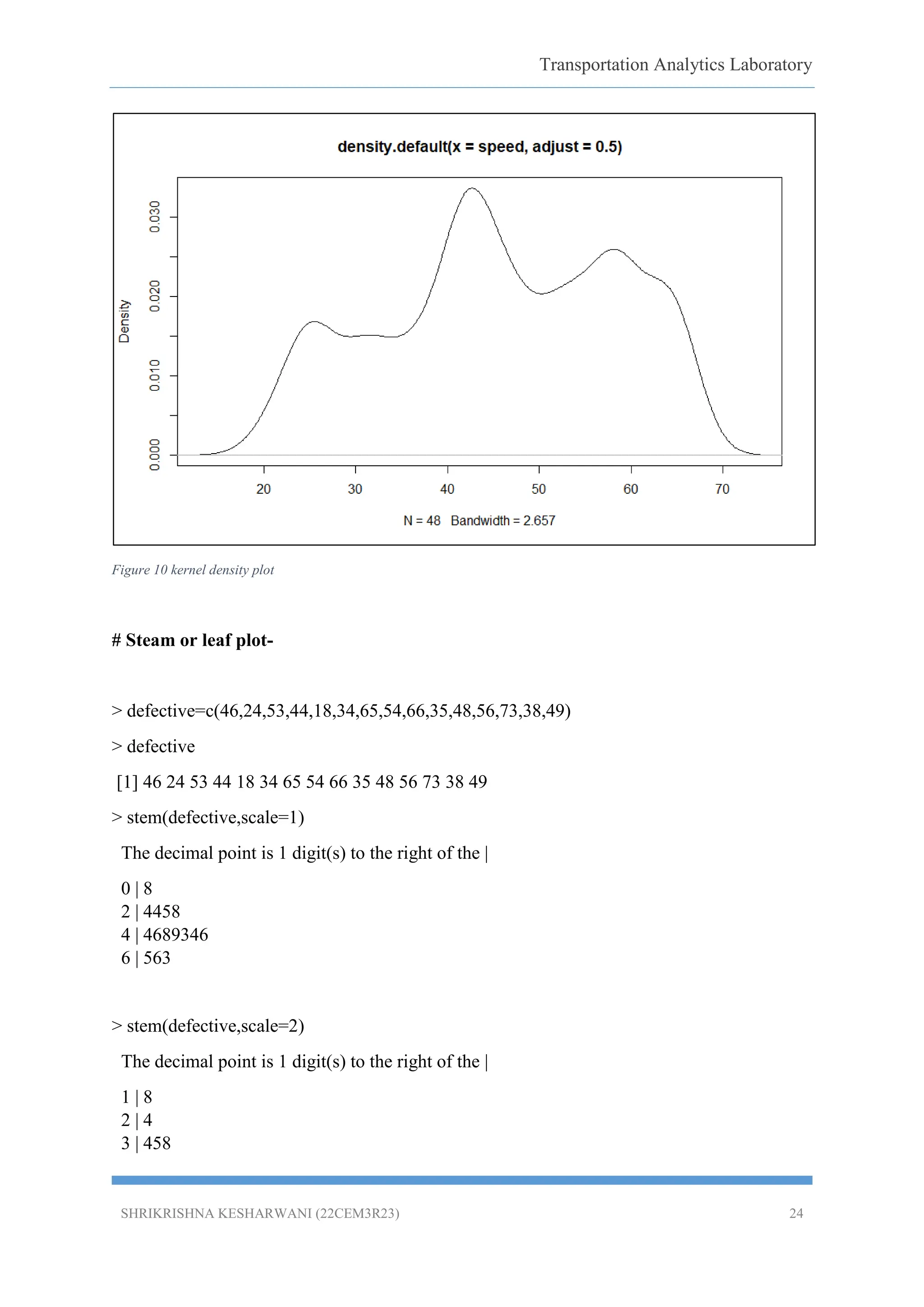 Transportation Analytics Laboratory
SHRIKRISHNA KESHARWANI (22CEM3R23) 24
Figure 10 kernel density plot
# Steam or leaf plot-
> defective=c(46,24,53,44,18,34,65,54,66,35,48,56,73,38,49)
> defective
[1] 46 24 53 44 18 34 65 54 66 35 48 56 73 38 49
> stem(defective,scale=1)
The decimal point is 1 digit(s) to the right of the |
0 | 8
2 | 4458
4 | 4689346
6 | 563
> stem(defective,scale=2)
The decimal point is 1 digit(s) to the right of the |
1 | 8
2 | 4
3 | 458
 
