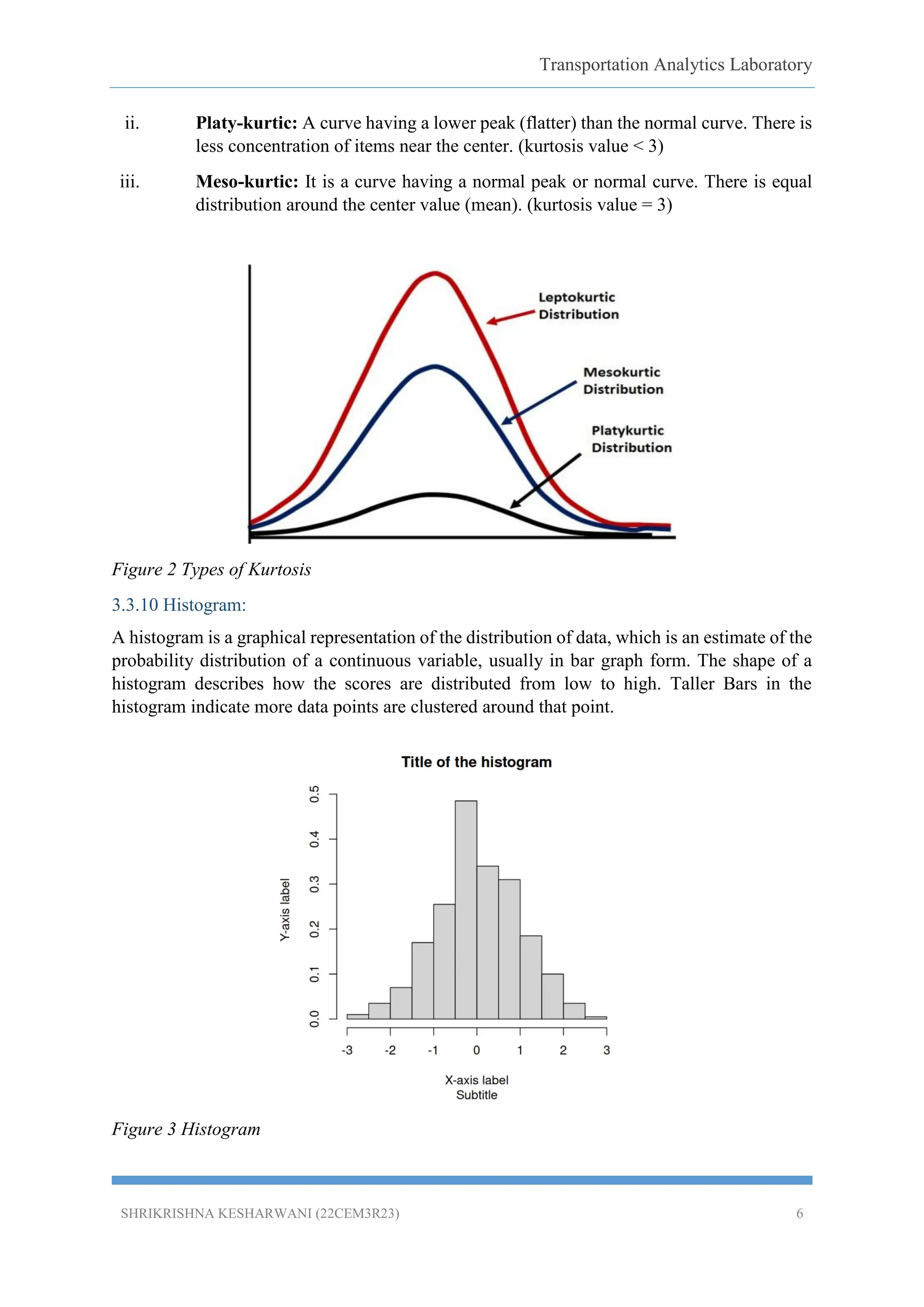Transportation Analytics Laboratory
SHRIKRISHNA KESHARWANI (22CEM3R23) 6
ii. Platy-kurtic: A curve having a lower peak (flatter) than the normal curve. There is
less concentration of items near the center. (kurtosis value < 3)
iii. Meso-kurtic: It is a curve having a normal peak or normal curve. There is equal
distribution around the center value (mean). (kurtosis value = 3)
Figure 2 Types of Kurtosis
3.3.10 Histogram:
A histogram is a graphical representation of the distribution of data, which is an estimate of the
probability distribution of a continuous variable, usually in bar graph form. The shape of a
histogram describes how the scores are distributed from low to high. Taller Bars in the
histogram indicate more data points are clustered around that point.
Figure 3 Histogram
 