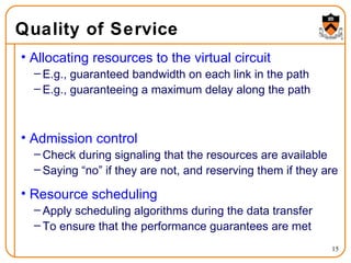 Quality of Service Allocating resources to the virtual circuit E.g., guaranteed bandwidth on each link in the path E.g., guaranteeing a maximum delay along the path Admission control Check during signaling that the resources are available Saying “no” if they are not, and reserving them if they are Resource scheduling Apply scheduling algorithms during the data transfer To ensure that the performance guarantees are met 