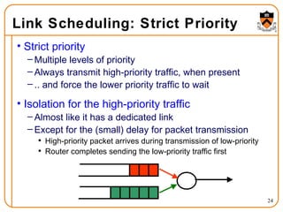 Link Scheduling: Strict Priority Strict priority Multiple levels of priority Always transmit high-priority traffic, when present .. and force the lower priority traffic to wait Isolation for the high-priority traffic Almost like it has a dedicated link Except for the (small) delay for packet transmission High-priority packet arrives during transmission of low-priority Router completes sending the low-priority traffic first 