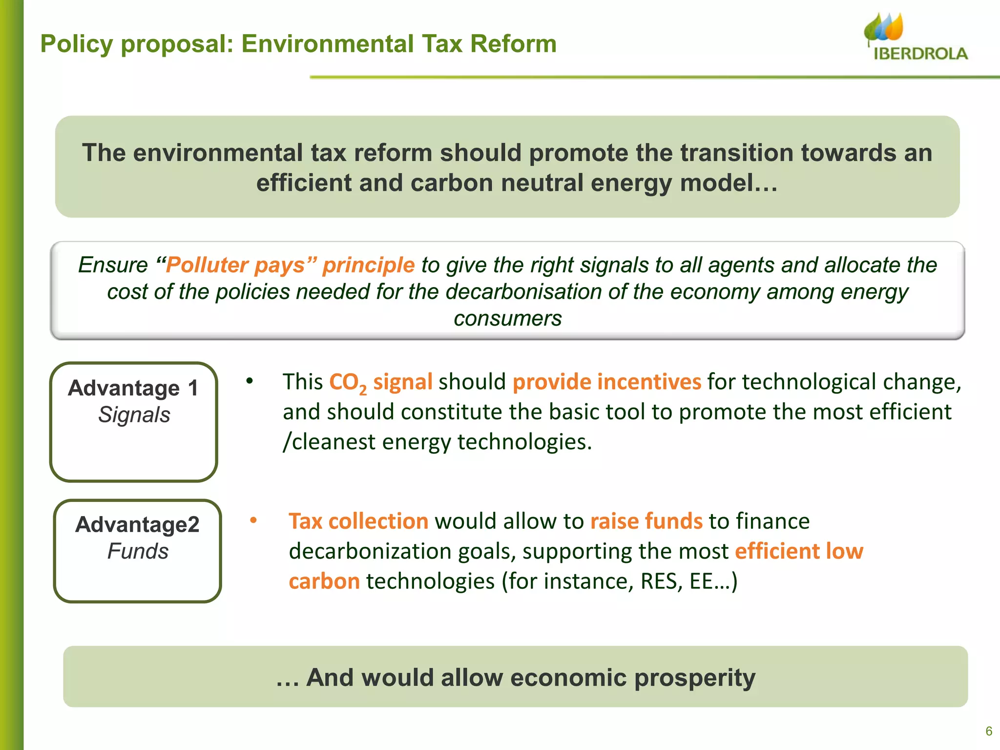 66
Policy proposal: Environmental Tax Reform
Ensure “Polluter pays” principle to give the right signals to all agents and allocate the
cost of the policies needed for the decarbonisation of the economy among energy
consumers
… And would allow economic prosperity
Advantage 1
Signals
Advantage2
Funds
• This CO2 signal should provide incentives for technological change,
and should constitute the basic tool to promote the most efficient
/cleanest energy technologies.
• Tax collection would allow to raise funds to finance
decarbonization goals, supporting the most efficient low
carbon technologies (for instance, RES, EE…)
The environmental tax reform should promote the transition towards an
efficient and carbon neutral energy model…