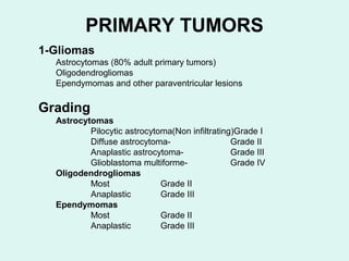PRIMARY TUMORS
1-Gliomas
Astrocytomas (80% adult primary tumors)
Oligodendrogliomas
Ependymomas and other paraventricular lesions
Grading
Astrocytomas
Pilocytic astrocytoma(Non infiltrating)Grade I
Diffuse astrocytoma- Grade II
Anaplastic astrocytoma- Grade III
Glioblastoma multiforme- Grade IV
Oligodendrogliomas
Most Grade II
Anaplastic Grade III
Ependymomas
Most Grade II
Anaplastic Grade III
 
