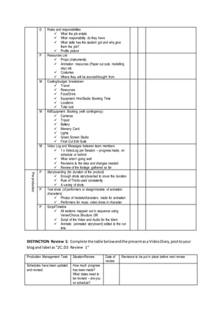 D Roles and responsibilities
 What the job entails
 What responsibility do they have
 What skills has the student got and why give
them the job?
 Profile picture
P Resources List
 Props (instruments)
 Animation resources (Paper cut outs, modelling
clay) etc
 Costumes
 Where they will be sourced/bought from
M Costing/budget breakdown
 Travel
 Resources
 Food/Drink
 Equipment Hire/Studio Booking Time
 Locations
 Total cost
M Kit/Equipment Booking (with contingency)
 Cameras
 Tripod
 Battery
 Memory Card
 Lights
 Green Screen Studio
 Final Cut Edit Suite
M Video Log and Messages between team members
 1 x VideoLog per Session – progress made, on
schedule or behind
 What is/isn’t going well
 Revisions to the idea and changes needed
 Review of the footage gathered so far
Pre-production
P Storyboarding (for duration of the product)
 Enough shots storyboarded to cover the duration
 Rule of Thirds used consistently
 A variety of shots
P Test shots (of performers or design/models of animation
characters)
 Photos of models/characters made for animation
 Performers for music video dress in character
P Script/Timeline
 All sections mapped out in sequence using
Verse/Chorus Structure OR
 Script of the Video and Audio for the Ident
 Animatic (animated storyboard) edited to the run
time
DISTINCTION Review 1: Complete the table belowandthe presentasa VideoDiary,posttoyour
blogand label as“2C.D3 Review 1”
Production Management Task: Situation/Review Date of
review
Revisions to be put in place before next review
Schedules have been updated
and revised.
How much progress
has been made?
What dates need to
be revised – are you
on schedule?
 
