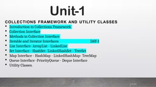 Unit-1
7/19/202
4
COLLECTIONS FRAMEWORK AND UTILITY CLASSES
 Introduction to Collections Framework
 Collection Interface
 Methods in Collection Interface
 Iterable and Iterator Interfaces DAY-1
 List Interface- ArrayList - LinkedList
 Set Interface - HashSet- LinkedHashSet - TreeSet
 Map Interface - HashMap - LinkedHashMap- TreeMap
 Queue Interface -PriorityQueue - Deque Interface
 Utility Classes.
 