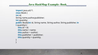 58
Java HashMap Example: Book
import java.util.*;
class Book {
int id;
String name,author,publisher;
int quantity;
public Book(int id, String name, String author, String publisher, in
t quantity) {
this.id = id;
this.name = name;
this.author = author;
this.publisher = publisher;
this.quantity = quantity;
}
}
 