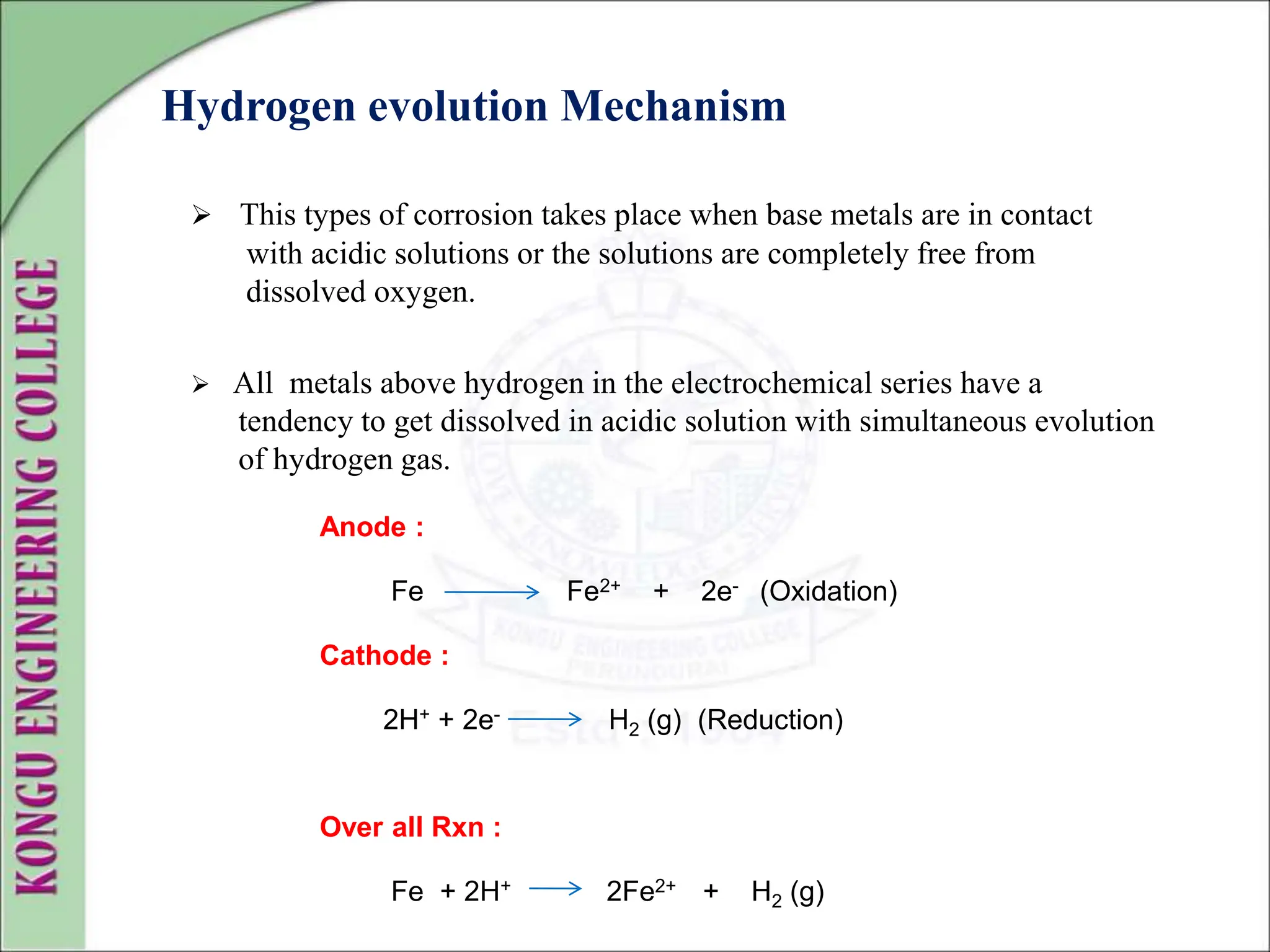 Hydrogen evolution Mechanism
 This types of corrosion takes place when base metals are in contact
with acidic solutions or the solutions are completely free from
dissolved oxygen.
 All metals above hydrogen in the electrochemical series have a
tendency to get dissolved in acidic solution with simultaneous evolution
of hydrogen gas.
Anode :
Fe Fe2+ + 2e- (Oxidation)
Cathode :
2H+ + 2e- H2 (g) (Reduction)
Over all Rxn :
Fe + 2H+ 2Fe2+ + H2 (g)
 