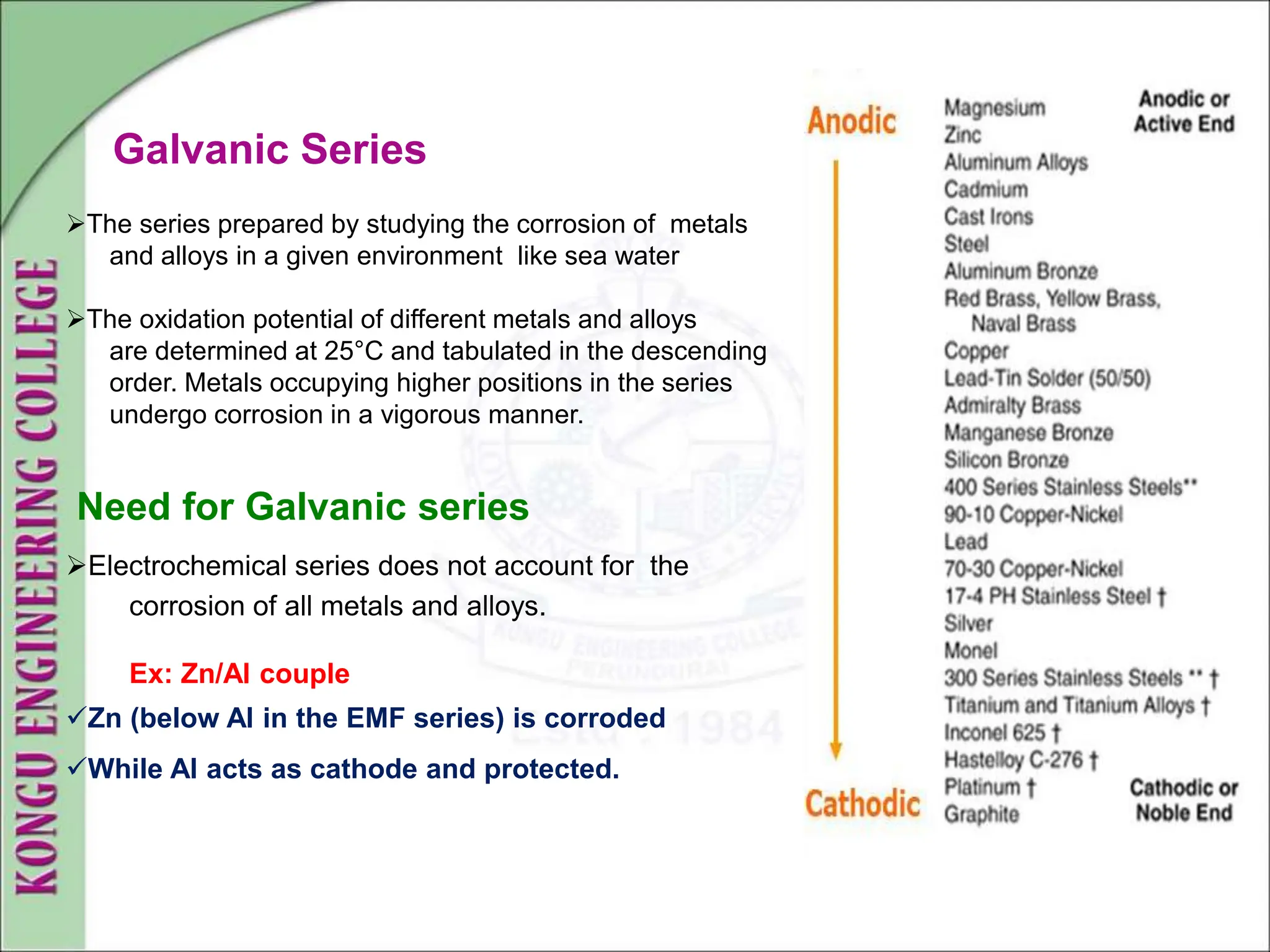 Galvanic Series
The series prepared by studying the corrosion of metals
and alloys in a given environment like sea water
The oxidation potential of different metals and alloys
are determined at 25°C and tabulated in the descending
order. Metals occupying higher positions in the series
undergo corrosion in a vigorous manner.
Need for Galvanic series
Electrochemical series does not account for the
corrosion of all metals and alloys.
Ex: Zn/Al couple
Zn (below Al in the EMF series) is corroded
While Al acts as cathode and protected.
 