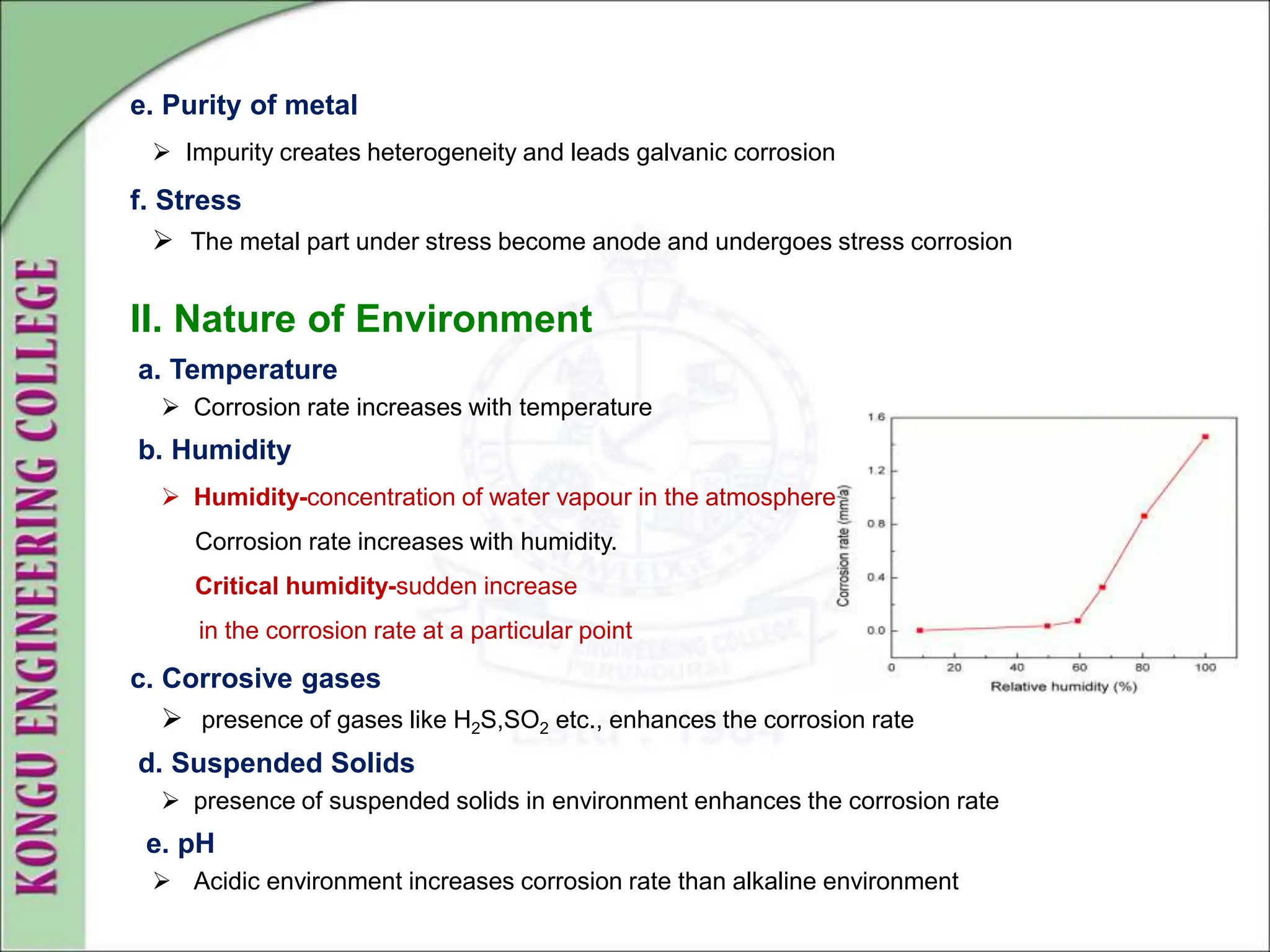 e. Purity of metal
 Impurity creates heterogeneity and leads galvanic corrosion
f. Stress
 The metal part under stress become anode and undergoes stress corrosion
II. Nature of Environment
a. Temperature
 Corrosion rate increases with temperature
b. Humidity
 Humidity-concentration of water vapour in the atmosphere.
Corrosion rate increases with humidity.
Critical humidity-sudden increase
in the corrosion rate at a particular point
c. Corrosive gases
 presence of gases like H2S,SO2 etc., enhances the corrosion rate
d. Suspended Solids
 presence of suspended solids in environment enhances the corrosion rate
e. pH
 Acidic environment increases corrosion rate than alkaline environment
 