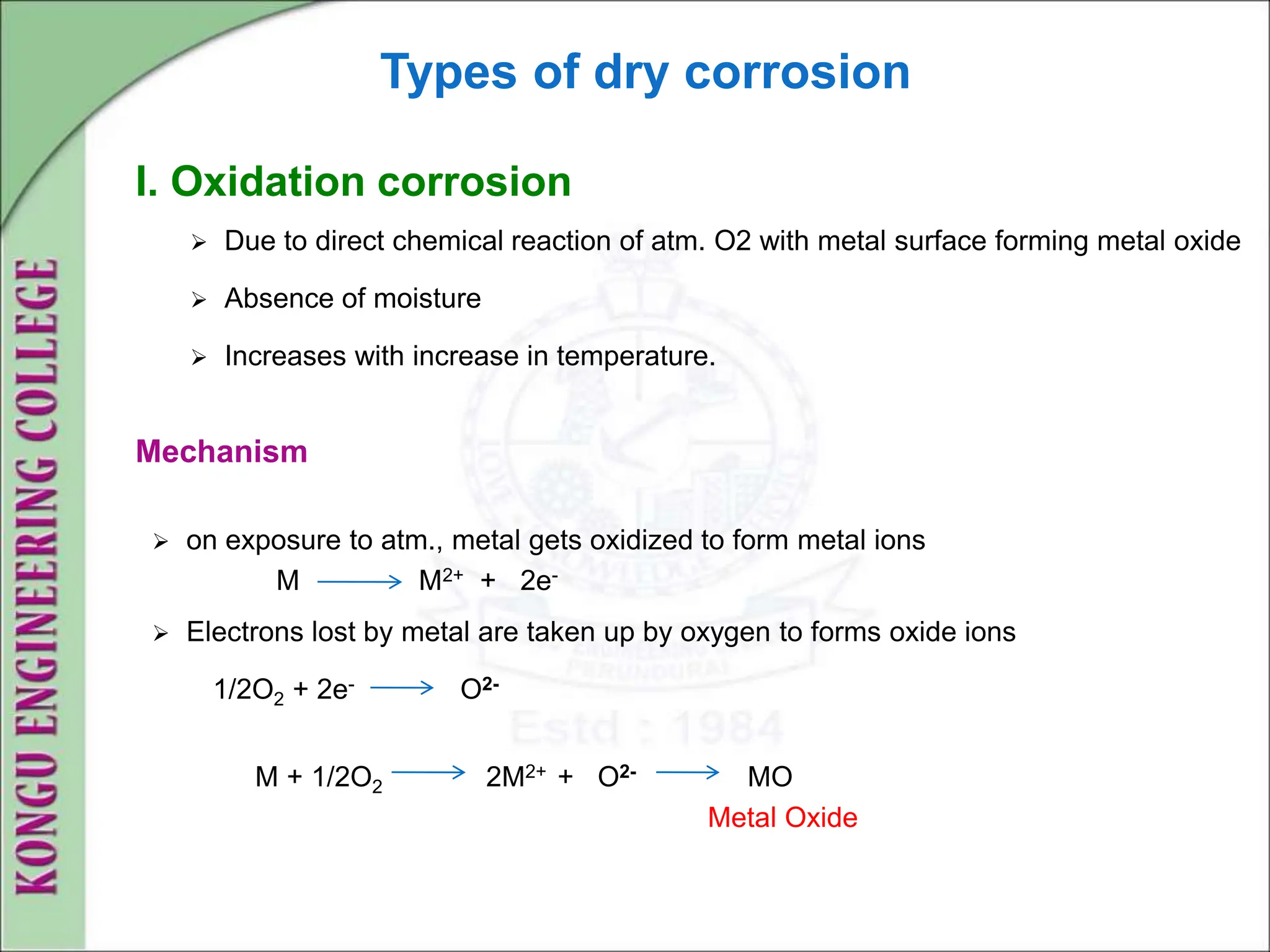 Types of dry corrosion
I. Oxidation corrosion
 Due to direct chemical reaction of atm. O2 with metal surface forming metal oxide
 Absence of moisture
 Increases with increase in temperature.
Mechanism
 on exposure to atm., metal gets oxidized to form metal ions
M M2+ + 2e-
 Electrons lost by metal are taken up by oxygen to forms oxide ions
1/2O2 + 2e- O2-
M + 1/2O2 2M2+ + O2- MO
Metal Oxide
 