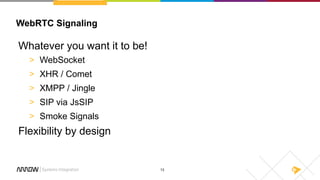 13
WebRTC Signaling
Whatever you want it to be!
> WebSocket
> XHR / Comet
> XMPP / Jingle
> SIP via JsSIP
> Smoke Signals
Flexibility by design
 