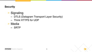 19
Security
> Signaling
– DTLS (Datagram Transport Layer Security)
– Think HTTPS for UDP
> Media
– SRTP
 