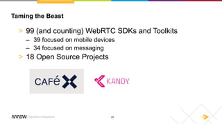 22
Taming the Beast
> 99 (and counting) WebRTC SDKs and Toolkits
– 39 focused on mobile devices
– 34 focused on messaging
> 18 Open Source Projects
 