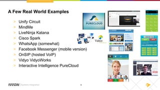 6
A Few Real World Examples
> Unify Circuit
> MindMe
> LiveNinja Katana
> Cisco Spark
> WhatsApp (somewhat)
> Facebook Messenger (mobile version)
> OnSIP (hosted VoIP)
> Vidyo VidyoWorks
> Interactive Intelligence PureCloud
 