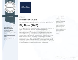 6 Courses
Introduction to Big Data (2015)
Hadoop Platform and
Application Framework
Introduction to Big Data
Analytics (2015)
Machine Learning With Big Data
(2015)
Graph Analytics for Big Data
(2015)
Big Data - Capstone Project
(2015)
Paul Rodriguez,
Research Programmer
Amarnath Gupta,
Director, Advanced
Query Processing Lab
Andrea Zonca, HPC
Applications Specialist
Natasha Balac, Director,
Predictive Analytics
Center of Excellence
(PACE)
07/27/2016
Rafael Fiorott Oliveira
has successfully completed the online, non-credit Specialization
Big Data (2015)
In this Specialization, you will develop a robust set of skills that will
allow you to process, analyze, and extract meaningful
information from large amounts of complex data. You will
become proficient in carrying out scalable basic analysis and
comfortable enough to apply advanced analytics, predictive
modeling, or graph analysis to problems in your domain. In the
final Capstone Project, developed in partnership with data
software company Splunk, you’ll apply the skills you learned by
tuning and scaling your own analysis, building your own model,
applying tools in new ways, or some other similar kind of effort, to
analyze big data in the whatever area of your choice.
Verify this certificate at:
coursera.org/verify/specialization/X6WWHJBRRK9F
 