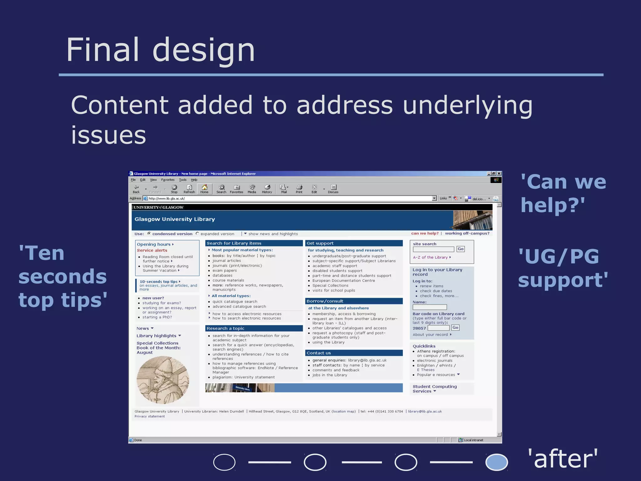 Final design
Content added to address underlying
issues
'Can we
help?'
'Ten
seconds
top tips'
'UG/PG
support'
'after'
 