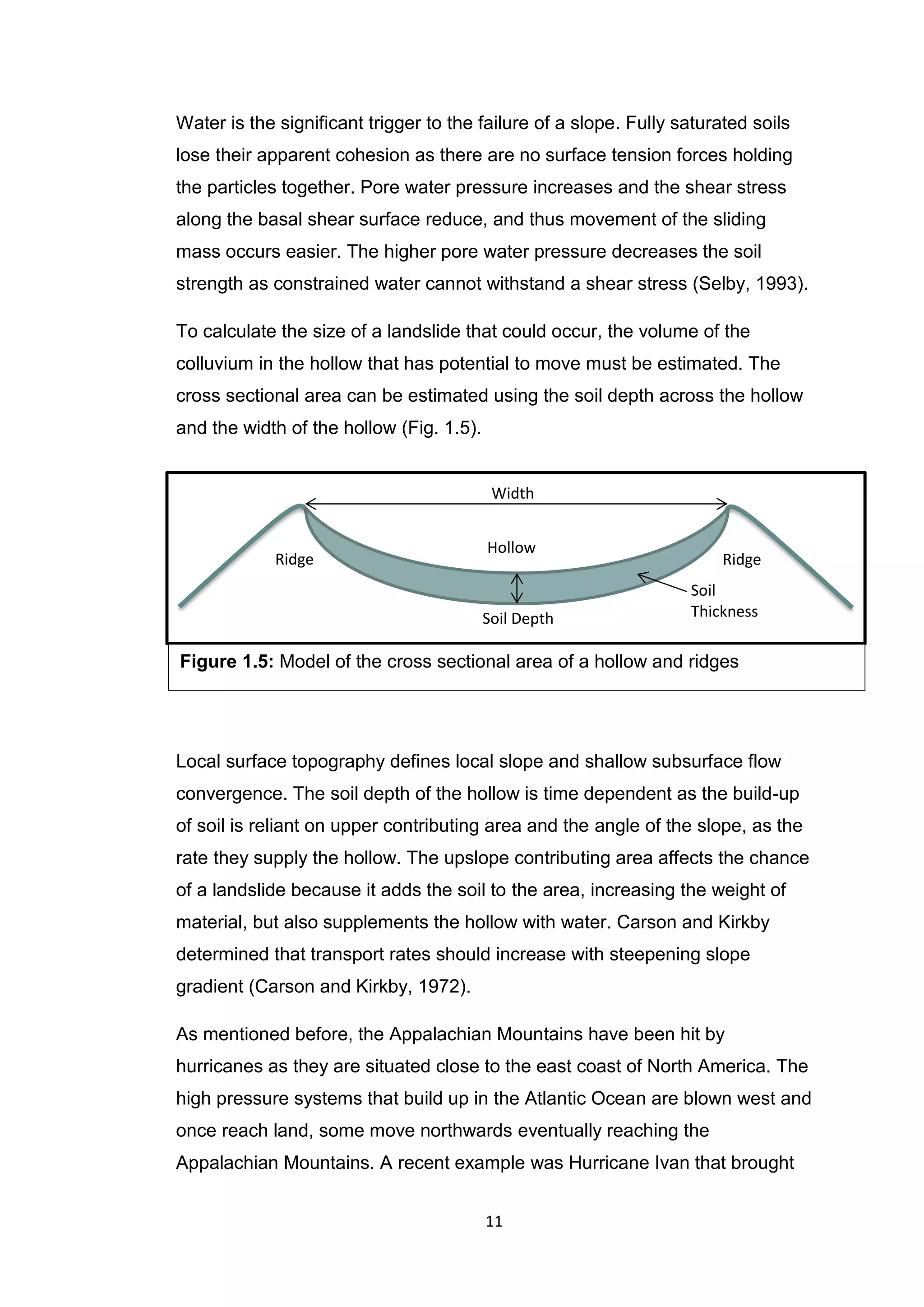 11
Water is the significant trigger to the failure of a slope. Fully saturated soils
lose their apparent cohesion as there are no surface tension forces holding
the particles together. Pore water pressure increases and the shear stress
along the basal shear surface reduce, and thus movement of the sliding
mass occurs easier. The higher pore water pressure decreases the soil
strength as constrained water cannot withstand a shear stress (Selby, 1993).
To calculate the size of a landslide that could occur, the volume of the
colluvium in the hollow that has potential to move must be estimated. The
cross sectional area can be estimated using the soil depth across the hollow
and the width of the hollow (Fig. 1.5).
Local surface topography defines local slope and shallow subsurface flow
convergence. The soil depth of the hollow is time dependent as the build-up
of soil is reliant on upper contributing area and the angle of the slope, as the
rate they supply the hollow. The upslope contributing area affects the chance
of a landslide because it adds the soil to the area, increasing the weight of
material, but also supplements the hollow with water. Carson and Kirkby
determined that transport rates should increase with steepening slope
gradient (Carson and Kirkby, 1972).
As mentioned before, the Appalachian Mountains have been hit by
hurricanes as they are situated close to the east coast of North America. The
high pressure systems that build up in the Atlantic Ocean are blown west and
once reach land, some move northwards eventually reaching the
Appalachian Mountains. A recent example was Hurricane Ivan that brought
Width
Soil Depth
Soil
Thickness
Hollow
Ridge Ridge
Figure 1.5: Model of the cross sectional area of a hollow and ridges
 