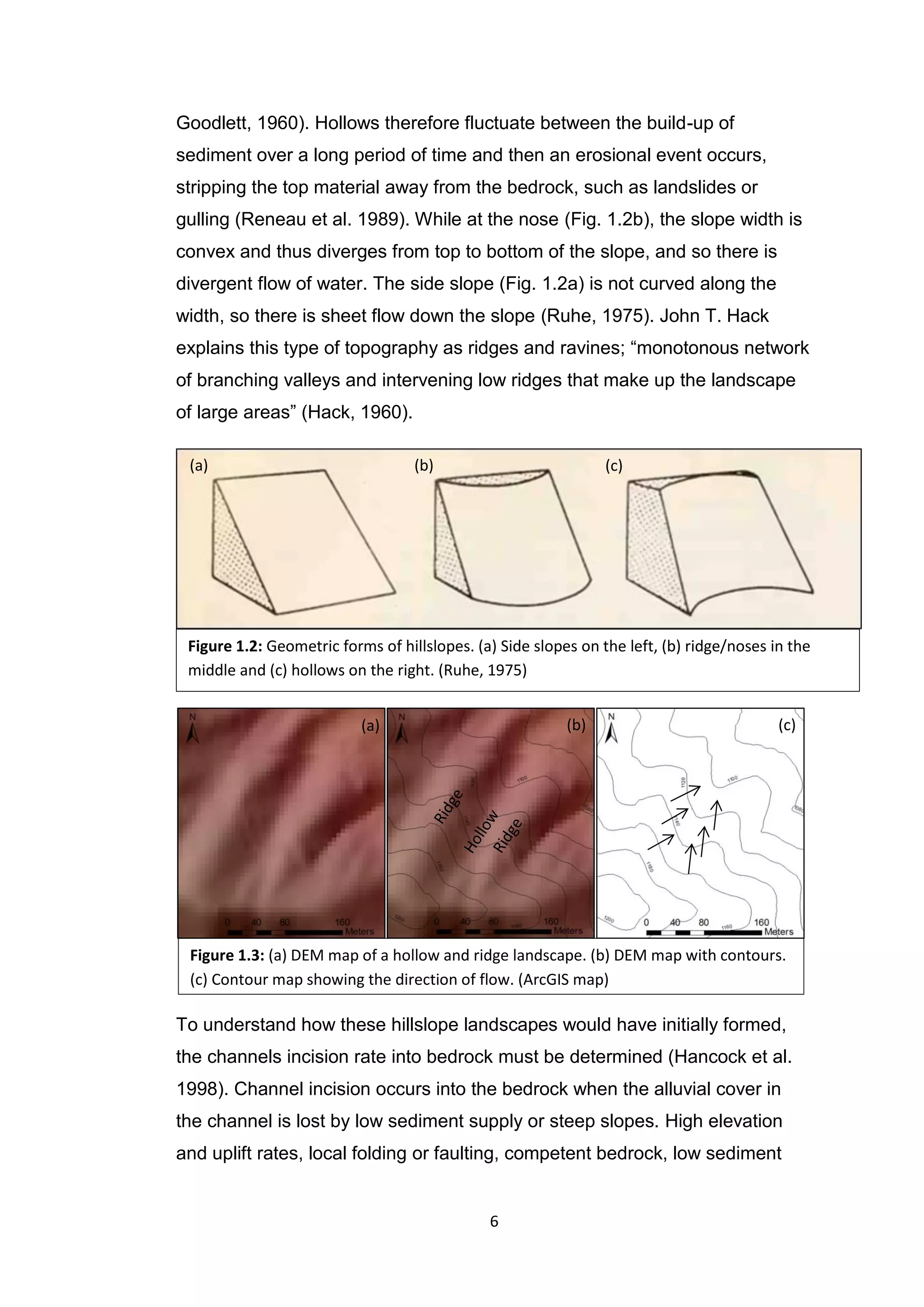 6
Goodlett, 1960). Hollows therefore fluctuate between the build-up of
sediment over a long period of time and then an erosional event occurs,
stripping the top material away from the bedrock, such as landslides or
gulling (Reneau et al. 1989). While at the nose (Fig. 1.2b), the slope width is
convex and thus diverges from top to bottom of the slope, and so there is
divergent flow of water. The side slope (Fig. 1.2a) is not curved along the
width, so there is sheet flow down the slope (Ruhe, 1975). John T. Hack
explains this type of topography as ridges and ravines; “monotonous network
of branching valleys and intervening low ridges that make up the landscape
of large areas” (Hack, 1960).
To understand how these hillslope landscapes would have initially formed,
the channels incision rate into bedrock must be determined (Hancock et al.
1998). Channel incision occurs into the bedrock when the alluvial cover in
the channel is lost by low sediment supply or steep slopes. High elevation
and uplift rates, local folding or faulting, competent bedrock, low sediment
Figure 1.2: Geometric forms of hillslopes. (a) Side slopes on the left, (b) ridge/noses in the
middle and (c) hollows on the right. (Ruhe, 1975)
Figure 1.3: (a) DEM map of a hollow and ridge landscape. (b) DEM map with contours.
(c) Contour map showing the direction of flow. (ArcGIS map)
(a) (b) (c)
(a) (b) (c)
 