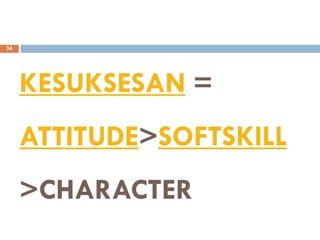 KESUKSESAN =
ATTITUDE>SOFTSKILL
>CHARACTER
34
 