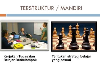 TERSTRUKTUR / MANDIRI
Kerjakan Tugas dan
Belajar Berkelompok
Tentukan strategi belajar
yang sesuai
 
