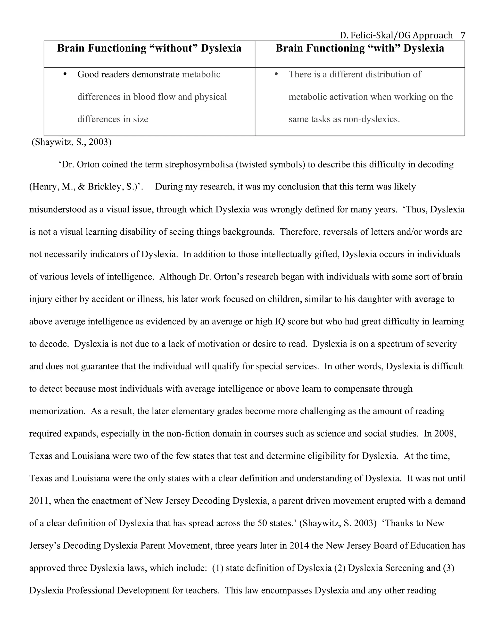 D.	Felici-Skal/OG	Approach	 7	
Brain Functioning “without” Dyslexia Brain Functioning “with” Dyslexia
• Good readers demonstrate metabolic
differences in blood flow and physical
differences in size
• There is a different distribution of
metabolic activation when working on the
same tasks as non-dyslexics.
(Shaywitz, S., 2003)
‘Dr. Orton coined the term strephosymbolisa (twisted symbols) to describe this difficulty in decoding
(Henry, M., & Brickley, S.)’. During my research, it was my conclusion that this term was likely
misunderstood as a visual issue, through which Dyslexia was wrongly defined for many years. ‘Thus, Dyslexia
is not a visual learning disability of seeing things backgrounds. Therefore, reversals of letters and/or words are
not necessarily indicators of Dyslexia. In addition to those intellectually gifted, Dyslexia occurs in individuals
of various levels of intelligence. Although Dr. Orton’s research began with individuals with some sort of brain
injury either by accident or illness, his later work focused on children, similar to his daughter with average to
above average intelligence as evidenced by an average or high IQ score but who had great difficulty in learning
to decode. Dyslexia is not due to a lack of motivation or desire to read. Dyslexia is on a spectrum of severity
and does not guarantee that the individual will qualify for special services. In other words, Dyslexia is difficult
to detect because most individuals with average intelligence or above learn to compensate through
memorization. As a result, the later elementary grades become more challenging as the amount of reading
required expands, especially in the non-fiction domain in courses such as science and social studies. In 2008,
Texas and Louisiana were two of the few states that test and determine eligibility for Dyslexia. At the time,
Texas and Louisiana were the only states with a clear definition and understanding of Dyslexia. It was not until
2011, when the enactment of New Jersey Decoding Dyslexia, a parent driven movement erupted with a demand
of a clear definition of Dyslexia that has spread across the 50 states.’ (Shaywitz, S. 2003) ‘Thanks to New
Jersey’s Decoding Dyslexia Parent Movement, three years later in 2014 the New Jersey Board of Education has
approved three Dyslexia laws, which include: (1) state definition of Dyslexia (2) Dyslexia Screening and (3)
Dyslexia Professional Development for teachers. This law encompasses Dyslexia and any other reading
 