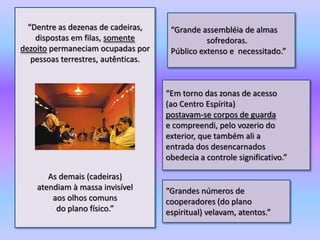 “Dentre as dezenas de cadeiras,
dispostas em filas, somente
dezoito permaneciam ocupadas por
pessoas terrestres, autênticas.

“Grande assembléia de almas
sofredoras.
Público extenso e necessitado.”

“Em torno das zonas de acesso
(ao Centro Espírita)
postavam-se corpos de guarda
e compreendi, pelo vozerio do
exterior, que também ali a
entrada dos desencarnados
obedecia a controle significativo.”
As demais (cadeiras)
atendiam à massa invisível
aos olhos comuns
do plano físico.”

“Grandes números de
cooperadores (do plano
espiritual) velavam, atentos.”

 