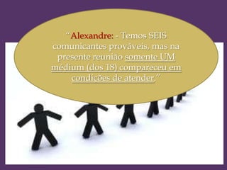 “Alexandre: - Temos SEIS
comunicantes prováveis, mas na
presente reunião somente UM
médium (dos 18) compareceu em
condições de atender.”

 