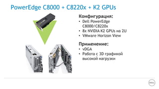 Конфигурация:
• Dell PowerEdge
C8000/C8220x
• 8x NVIDIA K2 GPUs на 2U
• VMware Horizon View
Применение:
• vDGA
• Работа с 3D графикой
высокой нагрузки
PowerEdge C8000 + C8220x + K2 GPUs
 