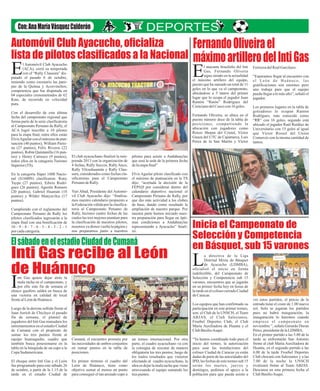 Automóvil Club Ayacucho, oficializa
Fernando Oliveira el
lista de pilotos clasificados a la Nacional máximo artillero del Inti Gas

E

l Automóvil Club Ayacucho
(ACA), cerró su temporada
con el “Rally Clausura” disputado el pasado 6 de octubre,
teniendo como escenario las pampas de la Quinua y Acosvinchos;
competencia que fue disputada en
04 especiales cronometrados de 62
Kms. de recorrido en velocidad
pura.

Con el desarrollo de esta última
fecha del campeonato regional que
forma parte de la serie clasificatoria
al Campeonato Peruano de Rally, el
ACA logró inscribir a 10 pilotos
para la etapa final, entre ellos están
Elvis Aguilar con el máximo de puntuación (40 puntos), William Pariona (27 puntos), Félix Riveros (22
puntos), Robin Quintanilla (16 puntos) y Henry Carrasco (9 puntos),
todos ellos en la categoría Turismo
Superior (TS).
En la categoría Súper 1600 Nacional (S1600N) clasificaron: Rony
Taype (27 puntos), Edwin Rodríguez (26 puntos), Agustín Romero
(20 puntos), Gabriel Huamán (18
puntos) y Wilder Manyavilca (17
puntos).
Cumpliendo con el reglamento del
Campeonato Peruano de Rally los
pilotos clasificados ingresarán a la
etapa final con una bonificación de
10 – 9 – 8 – 7 – 6 – 5 – 4 – 3 – 2 – 1
por cada categoría.

E

l atacante brasileño del Inti
Gas , F e rna n d o Oli v e ira
sigue siendo en la actualidad
el máximo artillero del equipo,
puesto que ha sumado un total de 11
goles en lo que va el campeonato,
ubicándose a 5 tantos del primer
lugar que lo ocupa el jugador Juan
Ramón “Ratón” Rodríguez del
Cienciano del Cusco con 16 goles.
Fernando Oliveira, se ubica en el
puesto número doce de la tabla de
pos i ciones , c om pa r t i e ndo l a
ubicación con jugadores como
Renzo Sheput del Cristal, Víctor
Guaza del UTC de Cajamarca, Luis
Perea de la San Martin y Víctor

El club ayacuchano finalizó la temporada 2013 con la organización de
4 fechas, Rally Soccos, Rally Anco,
Rally Vilcashuamán y Rally Clausura, considerados como fechas clasificatorias para el Campeonato
Peruano de Rally.
Yuri Abad, Presidente del Automóvil Club Ayacucho dijo: “finalizamos nuestro calendario propuesto a
la Federación válida por la clasificatoria al Campeonato Peruano de
Rally, hicimos cuatro fechas de las
cuales las tres mejores puntúan para
la clasificación de nuestros pilotos,
nosotros ya dimos vuelta la página y
nos preparamos junto a nuestros

Elvis Aguilar piloto clasificado con
el máximo de puntuación en la TS
dijo: “acertada la decisión de la
FEPAD por considerar dentro del
calendario deportivo nacional el
Campeonato Peruano de Rally, por
que dio más actividad a los clubes
de base, dando como resultado la
ampliación de nuestro parque. Por
nuestra parte hemos iniciado nuestra preparación para llegar en óptimas condiciones a Andahuaylas
representando a Ayacucho” finalizó.

Inti Gas recibe al León
de Huánuco

I

nti Gas quiere dejar atrás la
mala racha en el campeonato, y
por ello este fin de semana el
elenco gasífero saldrá en busca de
una victoria en calidad de local
frente al León de Huánuco.

El choque entre Inti Gas y el León
fue programado para este sábado 26
de octubre, a partir de la 1.15 de la
tarde en el estadio Ciudad de

En primer término el cuadro del
León de Huánuco, tiene como
objetivo sumar al menos un punto
para conseguir el tan ansiado cupo a

Los primeros lugares en la tabla de
goleadores lo ocupan Ramón
Rodríguez, más conocido como
“RR” con 16 goles, segundo está
ubicado el jugador Raúl Ruidiaz de
Universitario con 15 goles al igual
que Víctor Rossel del Unión
Comercio con la misma cantidad de
tantos.

Inicia el Campeonato de
Selección y Competencia
en Básquet, sub 15 varones

L

a directiva de la Liga
Distrital Mixta de Básquet
de Ayacucho (LDMBA),
oficializó el inicio en forma
indefectible, del Campeonato de
Selección y Competencia sub 15
varones, encuentros que se jugarán
en su primer fecha hoy en horas de
la tarde en el coliseo cerrado Ciudad
de Caracas.
Los equipos que han confirmado su
participación en este primer torneo,
son: el Club de la UNSCH, el Team
ABJAS, el Club Salesianos,
Froebel Deportes Club, el Club
María Auxiliadora de Huanta y el
Club Basilio Auqui.

Cumaná, el encuentro promete por
las necesidades de ambos conjuntos
en sumar puntos en la tabla de
posiciones.

“Esperamos llegar al encuentro con
el León de Huánuco, las
gratificaciones son enormes pero
uno trabaja para que el equipo
pueda llegar a lo más alto”, señaló el
jugador.

pilotos para asistir a Andahuaylas
que será la sede de la primera fecha
de la etapa final”

El sábado en el estadio Ciudad de Cumaná

Luego de la derrota sufrida frente al
Juan Aurich de Chiclayo el pasado
fin de semana, el plantel de
jugadores del Inti Gas reanudara los
entrenamientos en el estadio Ciudad
de Cumaná con el propósito de
sumar los tres puntos frente al
equipo huanuqueño, cuadro que
también busca posesionarse en la
tabla en la búsqueda de un cupo a la
Copa Sudamericana.

Ferreyra del Real Garcilazo.

un torneo internacional. Por otra
parte, el cuadro ayacuchano va con
la consigna de rescatar de manera
obligatoria los tres puntos, luego de
los malos resultados que vinieron
afectando al cuadro ayacuchano, la
idea es dejar la mala racha que viene
atravesando el equipo sumando los
tres puntos.

“Ya hemos coordinado todo para el
inicio del torneo, la autorización
para usar las instalaciones del
coliseo Ciudad de Caracas ya están
dadas de parte de las autoridades del
IPD, las fechas de este torneo sub 15
serán los martes, jueves y
domingos, pedimos el apoyo a la
población para que pueda asistir a

ver estos partidos, el precio de la
entrada tiene el costo de 1.00 nuevo
sol. Solo se jugaran los partidos
pues no habrá inauguración, la
inauguración lo haremos cuando
empiece el campeonato en
noviembre ”, señalo Gerardo Duran
Pérez, presidente de la LDMBA.
En el primer partido a las 5.00 de la
tarde se enfrentarán San Antonio
frente al club María Auxiliadora de
Huanta, en el segundo partido a las
6.00 de la tarde Froebel Deportes
Club chocará con Salesianos y a las
7.00 de la noche la UNSCH
rivalizará frente al Team ABJAS.
Descansa en esta primera fecha el
Club Basilio Auqui.

 