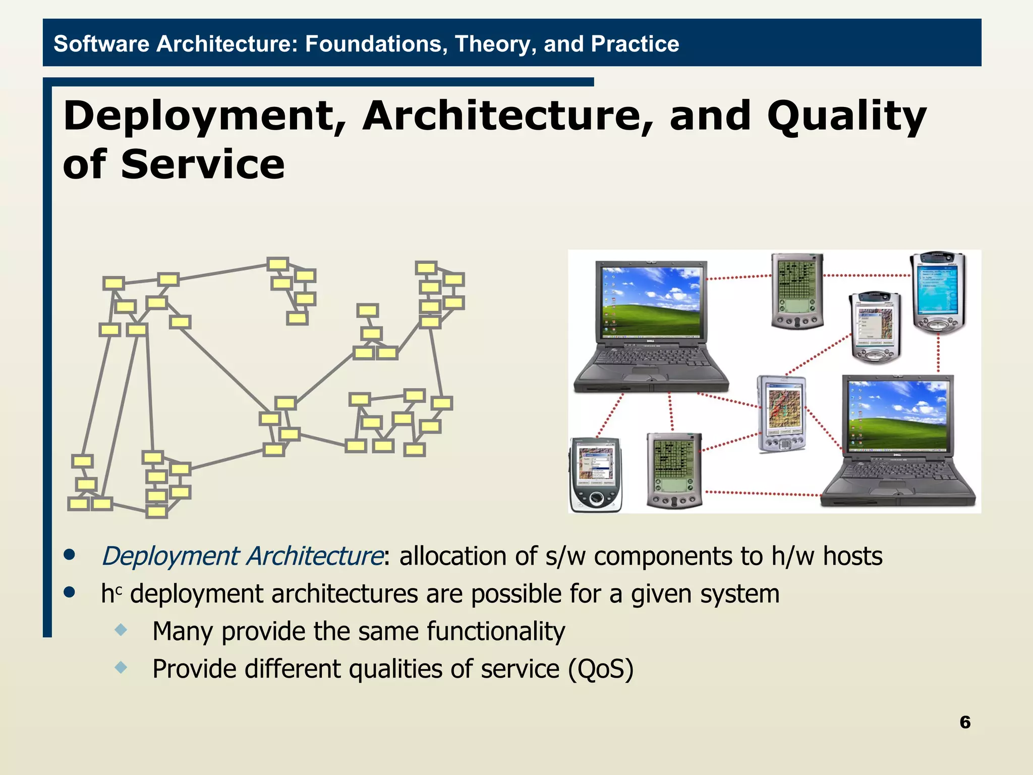 Deployment, Architecture, and Quality of Service Deployment Architecture : allocation of s/w components to h/w hosts  h c  deployment architectures are possible for a given system Many provide the same functionality Provide different qualities of service (QoS) 
