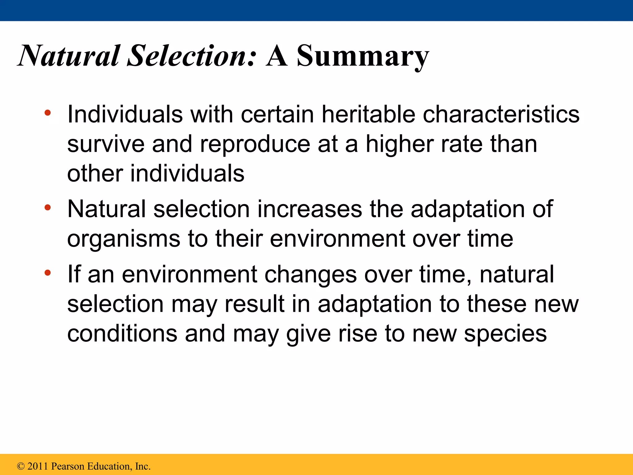 Natural Selection: A Summary
• Individuals with certain heritable characteristics
survive and reproduce at a higher rate than
other individuals
• Natural selection increases the adaptation of
organisms to their environment over time
• If an environment changes over time, natural
selection may result in adaptation to these new
conditions and may give rise to new species
© 2011 Pearson Education, Inc.
 