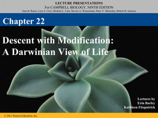 LECTURE PRESENTATIONS
For CAMPBELL BIOLOGY, NINTH EDITION
Jane B. Reece, Lisa A. Urry, Michael L. Cain, Steven A. Wasserman, Peter V. Minorsky, Robert B. Jackson
© 2011 Pearson Education, Inc.
Lectures by
Erin Barley
Kathleen Fitzpatrick
Descent with Modification:
A Darwinian View of Life
Chapter 22
 