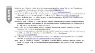 McCurdy, N., Lein, J., Coles, K., & Meyer, M. (2016). Poemage: Visualizing the Sonic Topology of a Poem. IEEE Transactions on
Visualization and Computer Graphics, 22(1), 439-448. doi:10.1109/TVCG.2015.2467811
NINES. (2014). Juxta Commons. Juxta Commons. Retrieved June 10, 2019, from http://juxtacommons.org
Oelke, D., Hao, M., Rohrdantz, C., Keim, D. A., Dayal, U., Haug, L., et al. (2009). Visual opinion analysis of customer feedback data. In
2009 IEEE Symposium on Visual Analytics Science and Technology (pp. 187-194). doi:10.1109/VAST.2009.5333919
Riehmann, P., Potthast, M., Stein, B., & Froehlich, B. (2015). Visual Assessment of Alleged Plagiarism Cases. Computer Graphics
Forum, 34(3), 61-70. doi:10.1111/cgf.12618
Southavilay, V., Yacef, K., Reimann, P., & Calvo, R. A. (2013). Analysis of Collaborative Writing Processes Using Revision Maps and
Probabilistic Topic Models. In Proceedings of the Third International Conference on Learning Analytics and Knowledge (pp. 38–
47). New York, NY, USA: ACM. doi:10.1145/2460296.2460307
Stasko, J., Görg, C., & Liu, Z. (2008). Jigsaw: Supporting Investigative Analysis through Interactive Visualization. Information
Visualization, 7(2), 118-132. doi:10.1057/palgrave.ivs.9500180
Wanner, F., Rohrdantz, C., Mansmann, F., Oelke, D., & Keim, D. A. (2009). Visual Sentiment Analysis of RSS News Feeds Featuring
the US Presidential Election in 2008. Presented at the VISSW. Retrieved from https://kops.uni-
konstanz.de/handle/123456789/5946
Wise, J. A. (1999). The Ecological Approach to Text Visualization. Journal of the American Society for Information Science, 50(13),
1224-1233. doi:10.1002/(SICI)1097-4571(1999)50:13<1224::AID-ASI8>3.0.CO;2-4
Zhang, J., Kawai, Y., Kumamoto, T., & Tanaka, K. (2009). A Novel Visualization Method for Distinction of Web News Sentiment. In G.
Vossen, D. D. E. Long, & J. X. Yu (Eds.), Web Information Systems Engineering - WISE 2009 (pp. 181-194). Springer Berlin
Heidelberg.
100
參
考
資
料
 