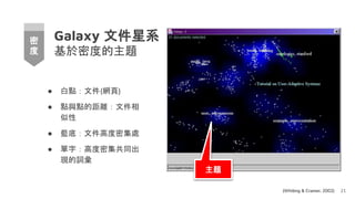 Galaxy 文件星系
基於密度的主題
● 白點：文件(網頁)
● 點與點的距離：文件相
似性
● 藍底：文件高度密集處
● 單字：高度密集共同出
現的詞彙
21
(Whiting & Cramer, 2002)
密
度
主題
 